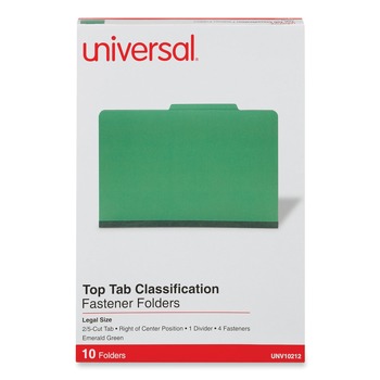 Universal UNV10212 Bright Colored Pressboard Classification Folders - Legal, Emerald Green (10/Box)