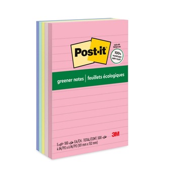 PAPER AND PRINTABLES | Post-it Greener Notes 660-RP-A 4 in. x 6 in. Original Recycled Note Ruled Pads - Sweet Sprinkles Collection Colors (100 Sheets/Pad, 5 Pads/Pack)