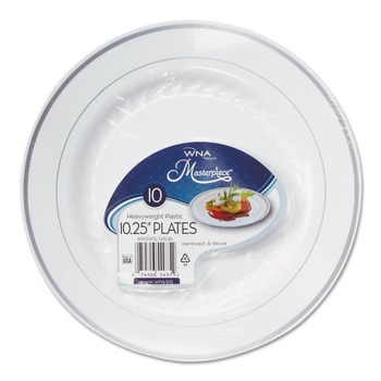 BOWLS AND PLATES | WNA RSM101210WS 10.25 in. Diameter Masterpiece Plastic Plates - White/Silver (120/Carton)