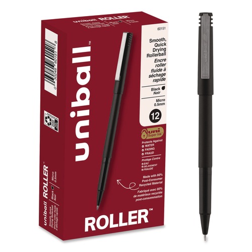 Pens | uni-ball 60151 0.5 mm Stick Roller Ball Pen - Black Ink/Black Matte Barrel/Extra-Fine (1-Dozen) image number 0