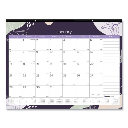 Bulletin Boards | Blueline C194128 12-Month (Jan-Dec): 2026 22 in. x 17 in. Floral Artwork Monthly Desk Pad Calendar - Black Binding, White/Multicolor Sheets image number 0