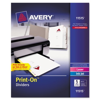 Avery 11515 Print-On 11 in. x 8.5 in. 5-Tab 3-Hole Customizable Punched Dividers - White (5/Pack)