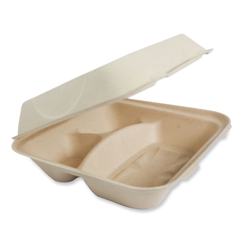 Food Trays, Containers, and Lids | World Centric TO-SC-U9T-LFP 9.3 in. x 9 in. x 3.3 in. 3-Compartment Paper Fiber Hinged Containers - Natural (300/Carton) image number 0
