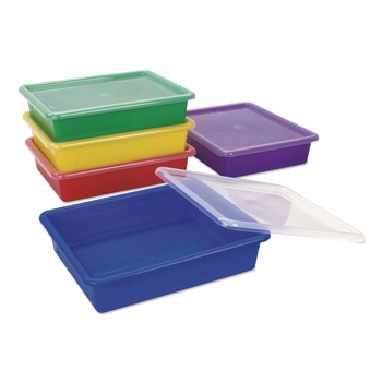 Storex 62534U05C Storage Tray with Lid, Flat, 1 gal, 10.65-in x 10.65-in x 2.96-in, Assorted Bright, 5/Pack