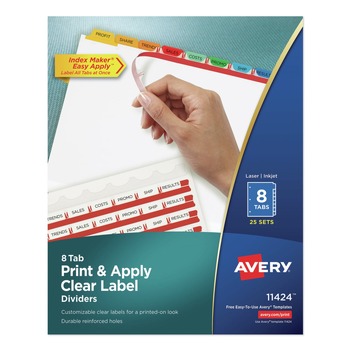DIVIDERS AND TABS | Avery 11424 Index Maker 11 in. x 8.5 in. 8-Tab Traditional Color Print and Apply Clear Label Dividers - Assorted (25/Box)