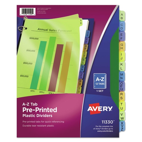 Back to School Sale | Avery 11330 11 in. x 8.5 in. 12-Tab A to Z Durable Preprinted Plastic Tab Dividers - Assorted (1-Set) image number 0