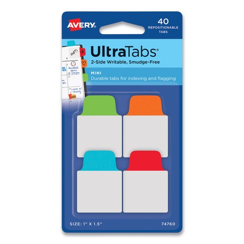 Dividers & Tabs | Avery 74760 Ultra Tabs 1 in. x 1.5 in. 1/5-Cut Repositionable Mini Tabs - Assorted (40/Pack) image number 0