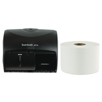 PAPER AND DISPENSERS | Boardwalk 47GREEN45XTRA-BNDL 11.13 in. x 7.38 in. x 8.88 in. Xtra 2-Roll Controlled Bath Tissue Dispenser with 2-Ply Green Xtra Controlled Bath Tissue Bundle (36 Rolls/Carton)
