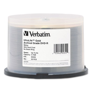 Verbatim 95355 4.7 GB 16x Spindle UltraLife Gold Archival Grade DVD-R - Gold (50/Pack)