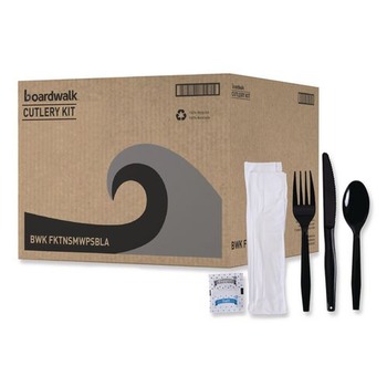 Boardwalk BWKFKTNSMWPSBLA Mediumweight Fork/Knife/Napkin/Pepper/Salt/Spoon 6-Piece Plastic Cutlery Kit - Black (250/Carton)