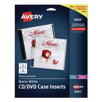 Avery 08693 Inkjet CD/DVD Jewel Case Inserts - Matte White (20/Pack)