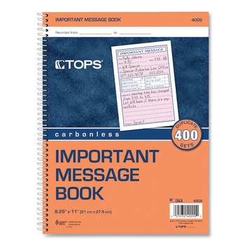 TOPS 4009 3.88 x 5.5 Two-Part Carbonless Telephone Message Book with Fax/Mobile Section
