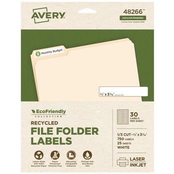 Avery 48266 0.66 in. x 3.44 in. EcoFriendly Permanent File Folder Labels - White (30/Sheet, 25 Sheets/Pack)