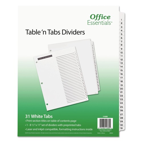Dividers & Tabs | Office Essentials 11680 Table 'n Tabs 11 in. x 8.5 in. 31-Tab 1 to 31 Dividers - White/White Tabs (1-Set) image number 0