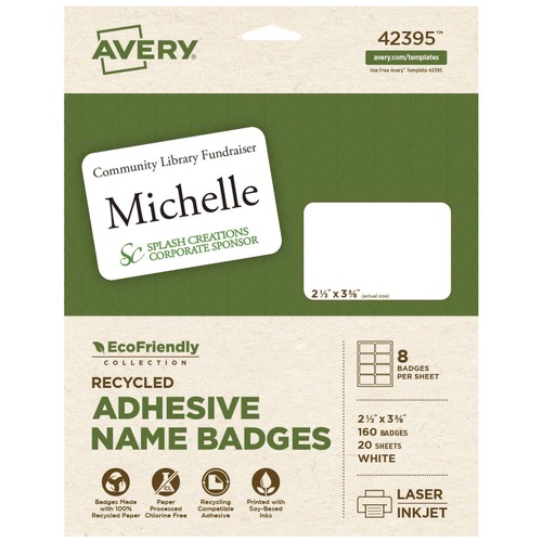 Labels | Avery 42395 EcoFriendly 3.38 in. x 2.33 in. Adhesive Name Badge Labels - White (160/Pack) image number 0