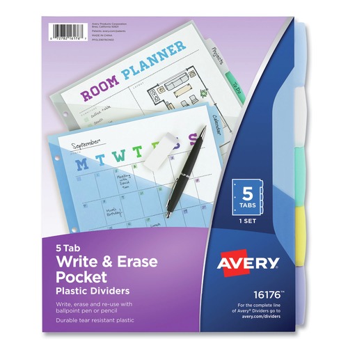 Back to School Sale | Avery 16176 Write and Erase 11.13 in. x 9.25 in. 5-Tab 3-Hold Punched Durable Plastic Dividers with Slash Pocket - Assorted (1-Set) image number 0
