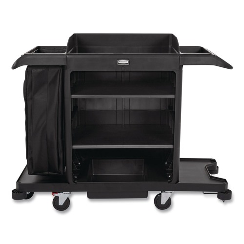 Cleaning Carts | Rubbermaid Commercial 2202581 24.4 in. x 62.4 in. x 49 in. Full-Size 3-Shelf Housekeeping Cart - Black image number 0