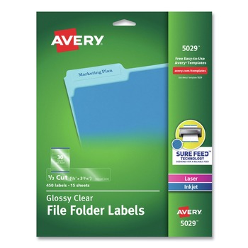 Avery 05029 0.66 in. x 3.44 in. Permanent File Folder Labels with Sure Feed Technology - Clear (30/Sheet, 15 Sheets/Pack)