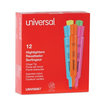 Universal UNV08867 Chisel Tip Desk Highlighters - Assorted Color (12/Set)