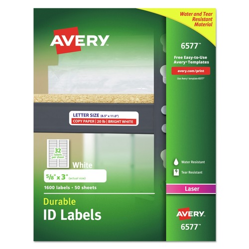 Labels | Avery 06577 Durable 0.63 in. x 3 in. Permanent ID Labels with TrueBlock Technology - White (32/Sheet, 50-Sheet/Pack) image number 0