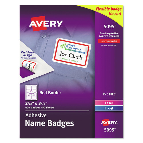 Labels | Avery 05095 3.38 in. x 2.33 in. Flexible Adhesive Name Badge Labels - White/Red Border (50/Box) image number 0