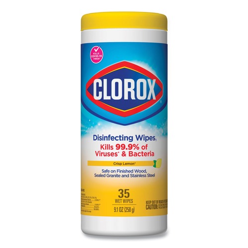 Hand Wipes | Clorox 01594 7 in. x 8 in. 1-Ply Disinfecting Wipes - Crisp Lemon, White (35/Canister) image number 0