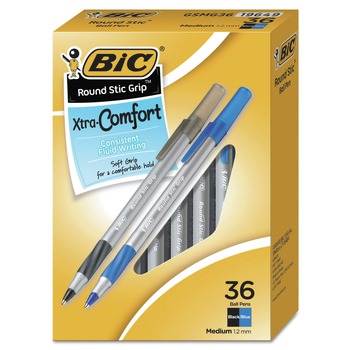 BIC GSMG361-AST Round Stic Grip Xtra Comfort Medium 1.2 mm Stick Easy-Glide Ballpoint Pen Value Pack - Assorted Colors (36/Pack)