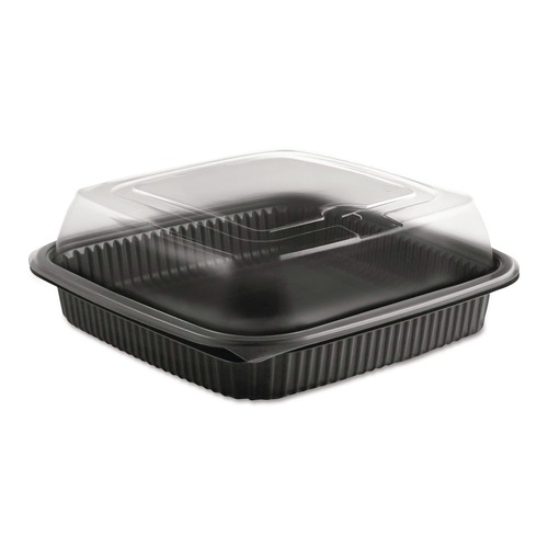Food Service | Anchor 4118515 8.46 in. x 8.46 in. x 2.91 in. 32 oz. Culinary Squares 2-Piece Microwavable Container - Clear/Black (150/Carton) image number 0