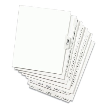Avery 01405 11 in. x 8.5 in. 26-Tab E Avery Style Preprinted Legal Exhibit Side Tab Index Dividers - White (25/Pack)