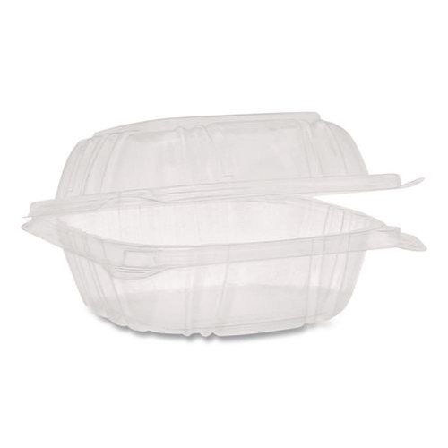 Food Trays, Containers, and Lids | Pactiv Corp. YCI820500000 SENSATION SmartLock 5.24 in. x 5.25 in. x 2.57 in. Plastic Hinged Lid Container - Clear (375/Carton) image number 0