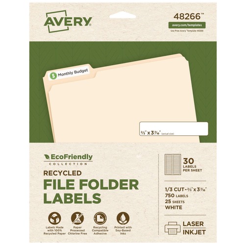 Labels | Avery 48266 0.66 in. x 3.44 in. EcoFriendly Permanent File Folder Labels - White (30/Sheet, 25 Sheets/Pack) image number 0