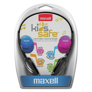 Maxell 190338 Kids Safe 4 ft. Cord Headphones - Black with Interchangeable Pink/Blue/Silver Caps