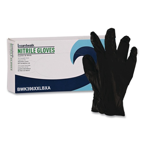 Disposable Gloves | Boardwalk 396XXLBXA 396 Series 9.5 in. Long 4.4 mil. Thick Powder-Free Disposable General-Purpose Nitrile Gloves - XX-Large Black (100/Box) image number 0