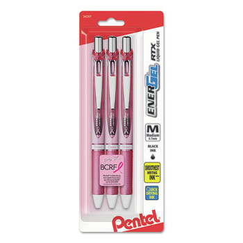 Pentel BL77PBP3A-BC 0.7 mm EnerGel RTX Breast Cancer Awareness Gel Pen - Medium/Black Ink/Pink/Silver Barrel (3/Pack)