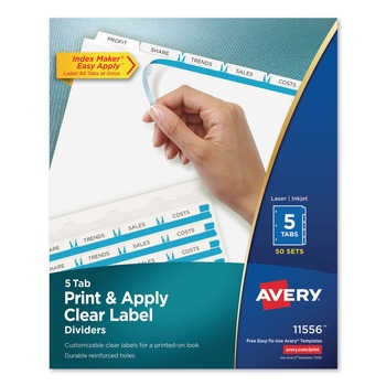 Avery 11556 11 in. x 8.5 in. 5-Tab Print and Apply Index Maker Clear Label Dividers - White (50 Sets/Box)