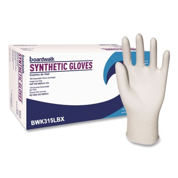 CLEANING GLOVES | Boardwalk BWK315LBX 4 mil Powder-Free Synthetic Vinyl Gloves - Large, Beige (100/Box)