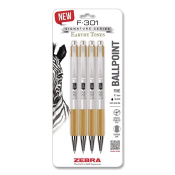 Zebra 27254 F-301 Signature Series Earthy Tones Fine 0.7 mm. Retractable Ballpoint Pen - Black Ink/Sandstone Barrel (4/Pack)
