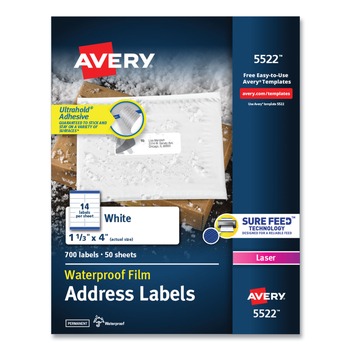 Avery 05522 Waterproof 1.33 in. x 4 in. Address Labels for Laser Printers - White (14/Sheet, 50 Sheets/Pack)