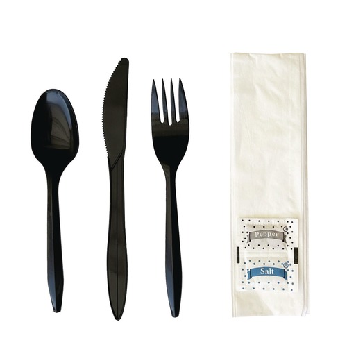 Cutlery | Boardwalk BWKCOMBO6KIT 6-Piece Fork/Knife/Napkin/Pepper/Salt/Spoon Cutlery Kit - Black (250/Carton) image number 0