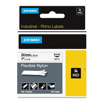 DYMO 1734524 Rhino 1 in. x 11.5 ft. Flexible Nylon Industrial Label Tape - White/Black Print (1-Roll)