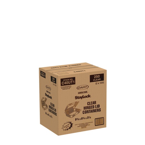 Food Trays, Containers, and Lids | Dart C40UT1 StayLock 6.81 in. x 9.4 in. x 3.1 in. Oblong Plastic Hinged Lid Containers - Clear (250/Carton) image number 0