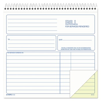 RETAIL STORE SUPPLIES | TOPS 4133 50 Forms Total Two-Part Carbonless 8.5 in. x 7.75 in. Bill for Services Rendered Book