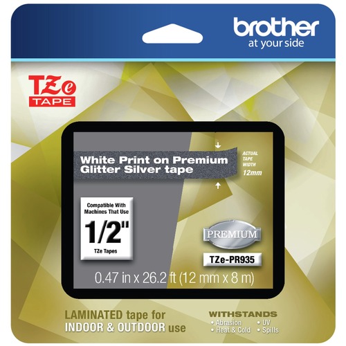 Tapes | Brother TZEPR935 0.47 in. x 26.2 ft. TZe Premium Laminated Tape - White on Silver image number 0