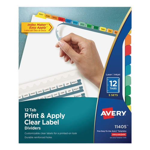 Dividers & Tabs | Avery 11405 Index Maker 11 in. x 8.5 in. 12-Tab Traditional Color Print and Apply Clear Label Dividers - Assorted (5/Pack) image number 0