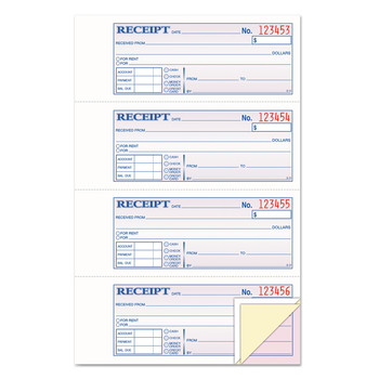 TOPS 46808 100 Forms Total Account plus Payment Sections Three-Part Carbonless 7.13 in. x 2.75 in. Money and Rent Receipt Book