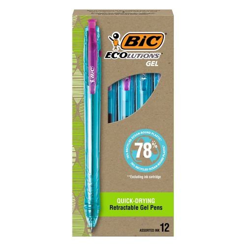 Pens | BIC RGLE11 AST Ecolutions Medium 1 mm. Retractable Gel Pen - Assorted Ink/Blue Barrel (1-Dozen) image number 0