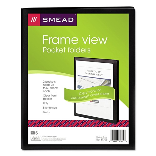 File Folders | Smead 87705 11 in. x 8.5 in. 100-Sheet Capacity Frame View Poly 2-Pocket Folder - Clear/Black (5/Pack) image number 0