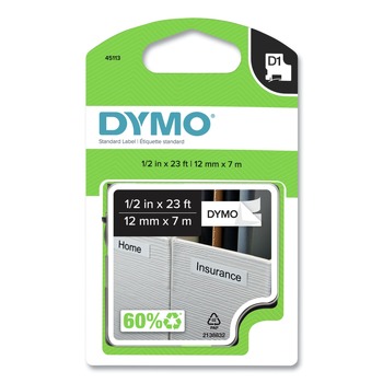 DYMO 45113 0.5 in. x 23 ft. D1 High-Performance Polyester Removable Label Tape - Black on White