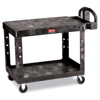 Rubbermaid Commercial FG452500BLA 25.25 in. x 44 in. x 38.13 in. 500 lbs. Capacity 2 Flat Shelves Plastic Utility Cart - Black