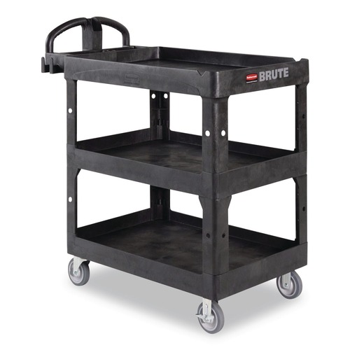 Cleaning Carts | Rubbermaid Commercial 2196862 BRUTE 25.24 in. x 44 in. x 47 in. 3 Shelves 600 lb Capacity Resin 3-Shelf Heavy-Duty Ergo Lipped Utility Cart - Black image number 0